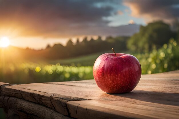 Red apple on a wooden table with a sunset in the background