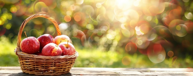 Red apples in a basket on a wooden table a blurred green grass and sunlight background Autumn harvest healthy eating concept Bright sunny day