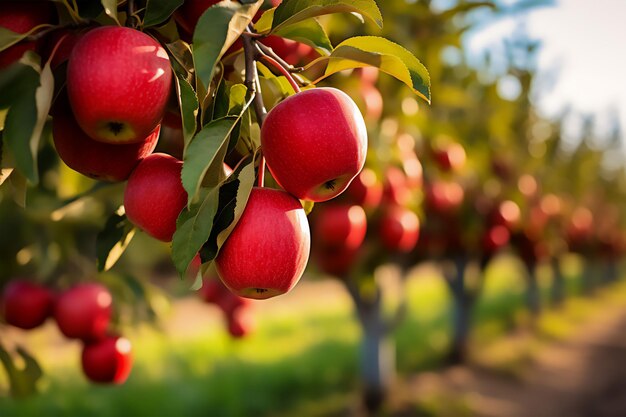 Red apples on a branch close up