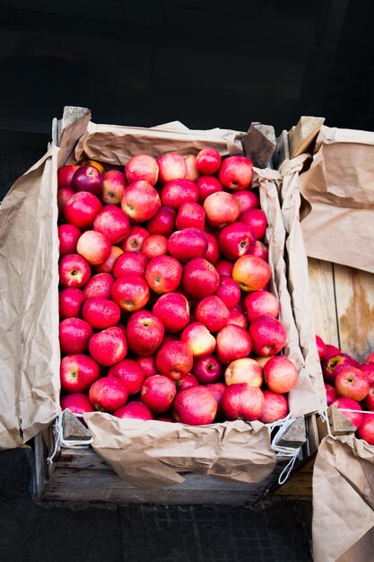 Red apples in crate baskets