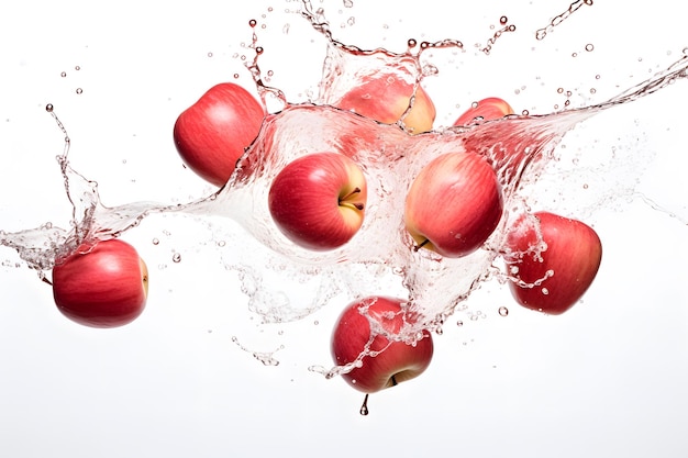 写真 水製品ショーケースのイラストに落ちる赤いリンゴの果実
