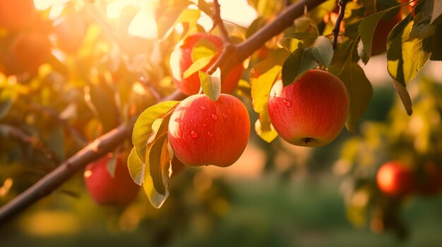 Red apples hanging on a tree branch in the orchard