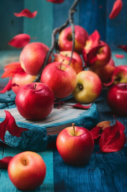 木製の青いターコイズ色の背景に赤いリンゴと葉