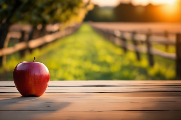 Red Apples on a Sunlit Wooden Table with apple farm background Fresh and Juicy Harvest