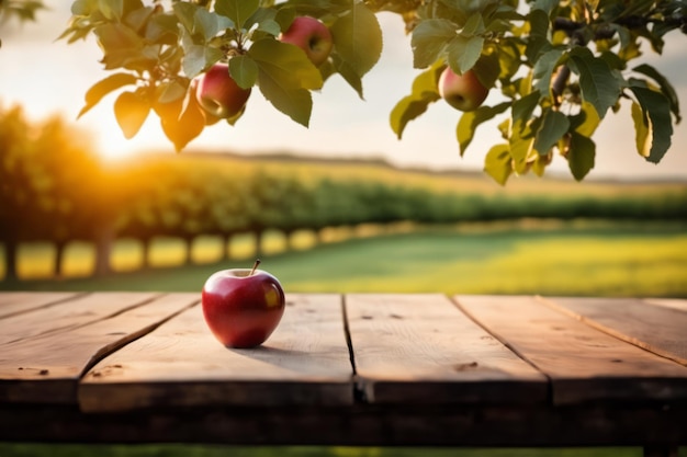 Red Apples on a Sunlit Wooden Table with apple farm background Fresh and Juicy Harvest