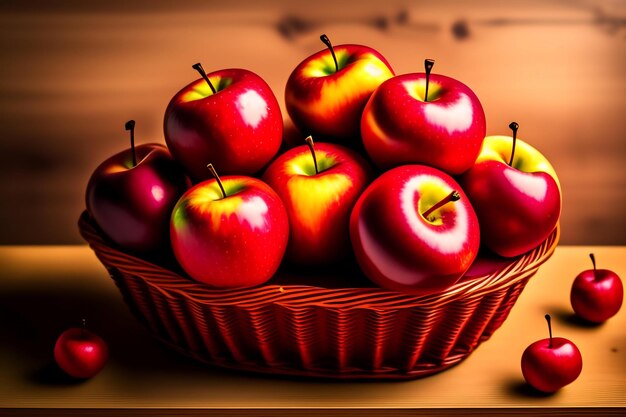 Red apples in a wicker basket on a wooden background autumn harvest flat lay selective focus