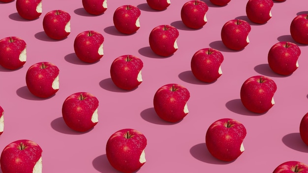 Red apples with a bitten off piece on pink background pattern with natural shadow Top and side view