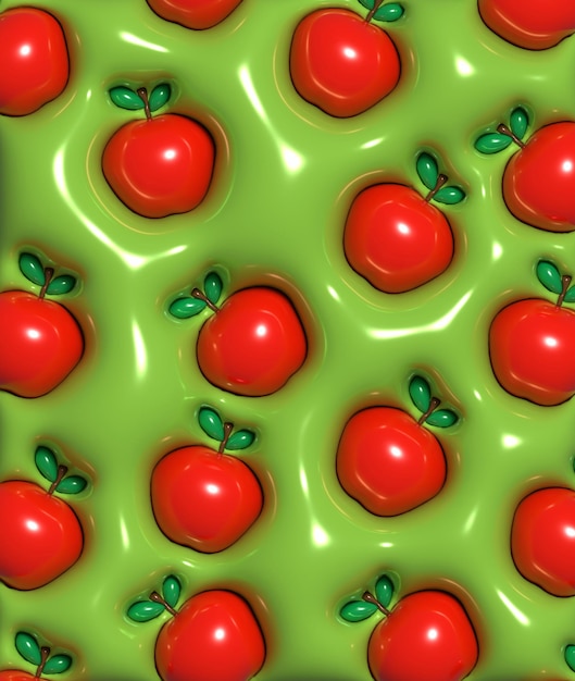 Фото Красные яблоки с зелеными листьями на зеленом фоне 3d рендеринг иллюстрации