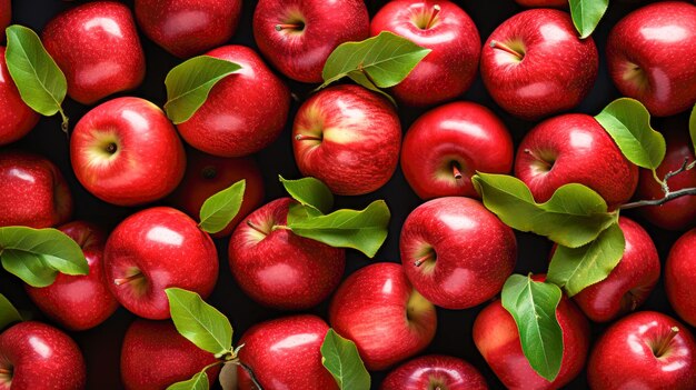 Red apples with leaves on black background Top view Flat lay