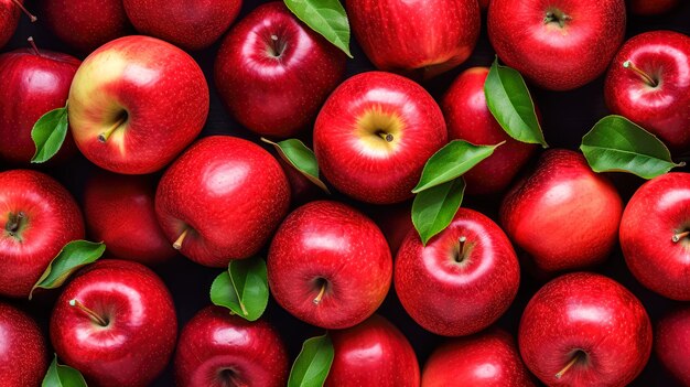 Red apples with leaves on black background Top view Flat lay