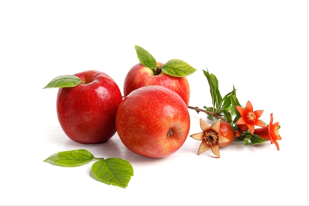 Red apples with pomegranate flowers and fruits on white background Rosh Hashanah Jewish New Year holiday concept