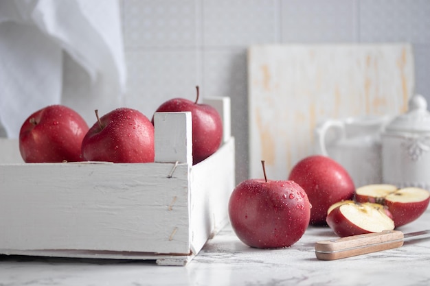 Red apples with water drops