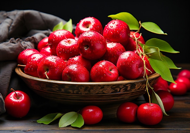 Red apples in a wood bowl in a dark background