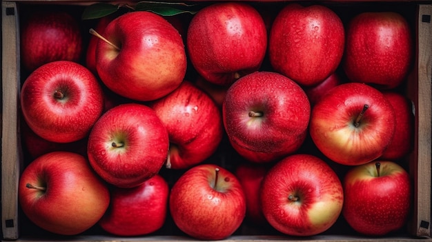 Red apples in wooden box Top down view