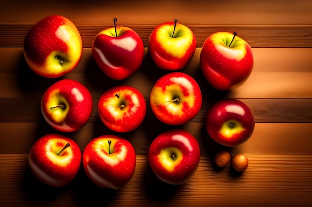 Red apples on wooden dark background autumn harvest flat lay copy space