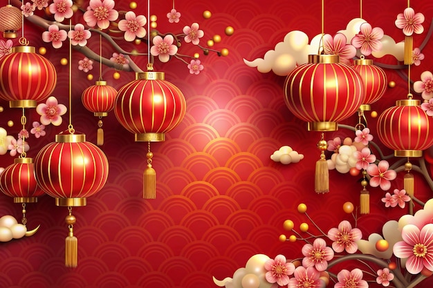 red apricot blossom branch on yellow background flat lay chinese new year decoration