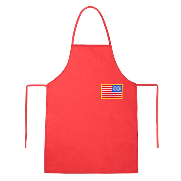 Red apron with embroidered american flag isolated on white