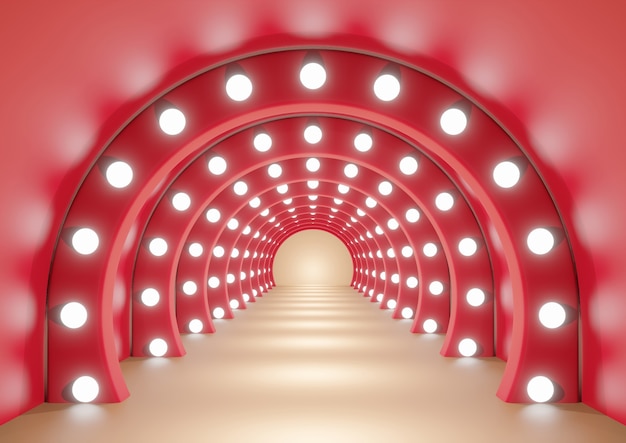 Arco rosso o tunnel sul corridoio arancione con rendering 3d di sfondo di illuminazione