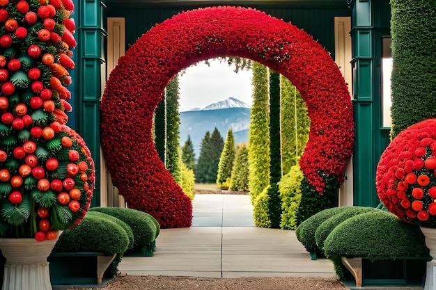 A red arch with a mountain view in the background