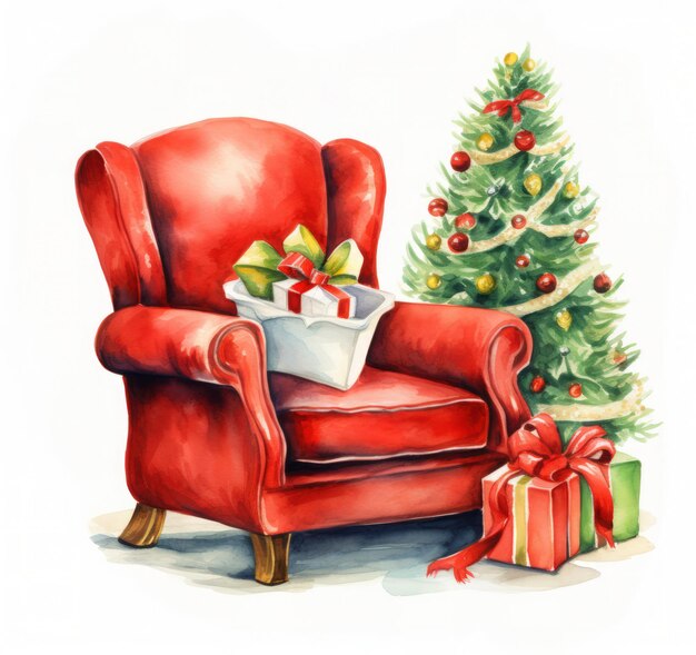 a red armchair in front of Christmas tree