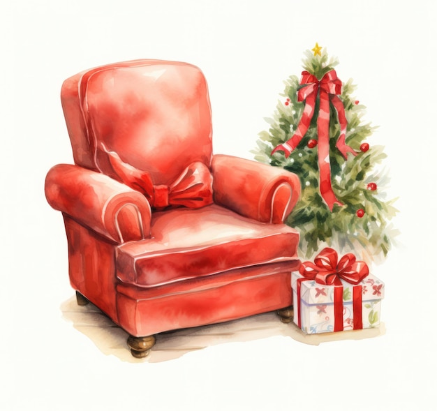 a red armchair in front of Christmas tree