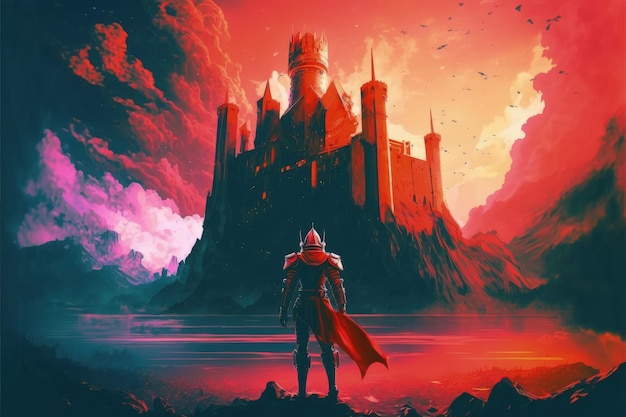 Red armored knight standing before a fantastical castle amid an orangeclouded sky Fantasy concept Illustration painting Generative AI