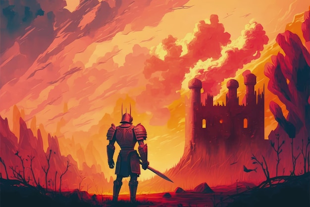 Photo red armored knight standing before a fantastical castle amid an orangeclouded sky fantasy concept illustration painting generative ai