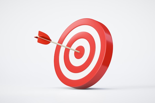 Red arrow aim to business target goal hit success center accuracy competition symbol or strategy dartboard and winner bullseye archery isolated on white 3d background icon with marketing achievement.