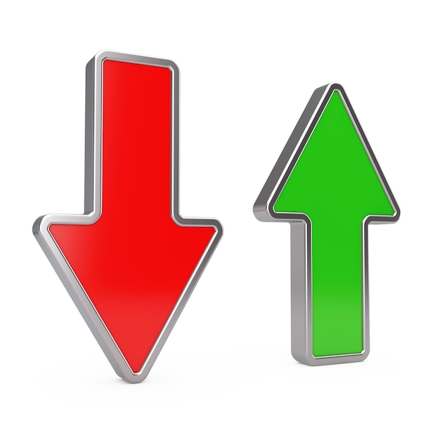 Photo red arrow down and green arrow up on a white background. 3d rendering