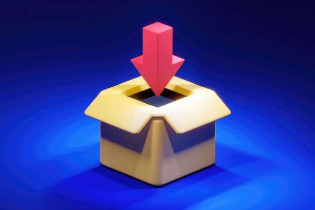 a red arrow pointing down into an open cardboard box symbolizing downloading