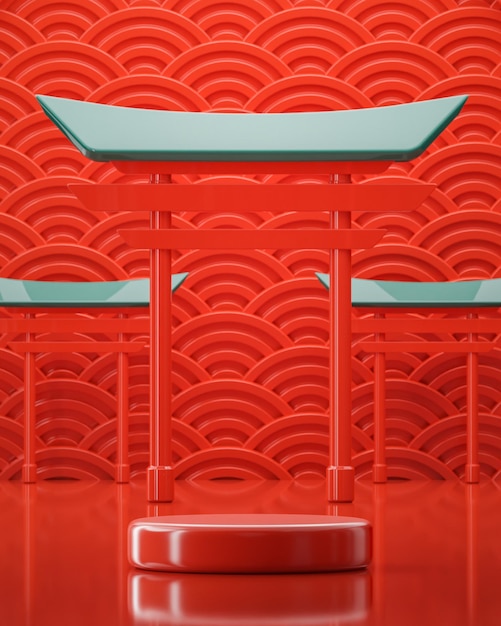 Red asian style podium pedestal product display abstract\
background 3d render