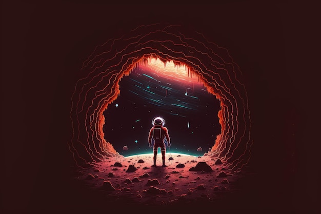 Red astronaut looking at a great hole with lightning bolts on the planet digital art style illustration painting fantasy concept of a astronaut looking at a great hole