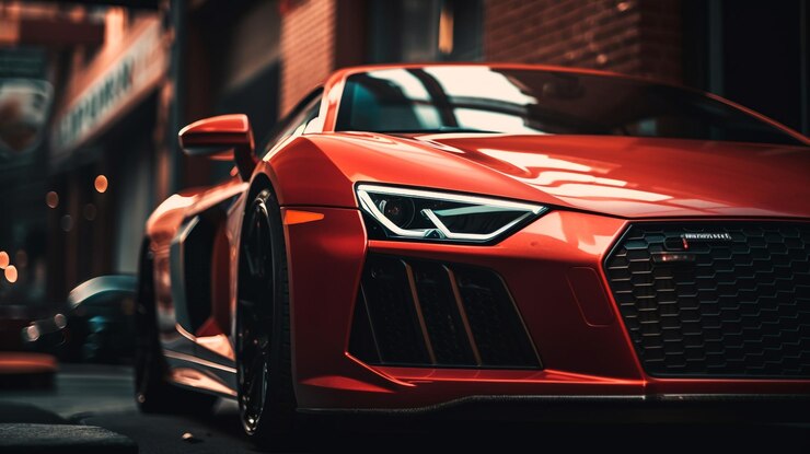Красный автомобиль audi r8 v10 на кирпичной стене