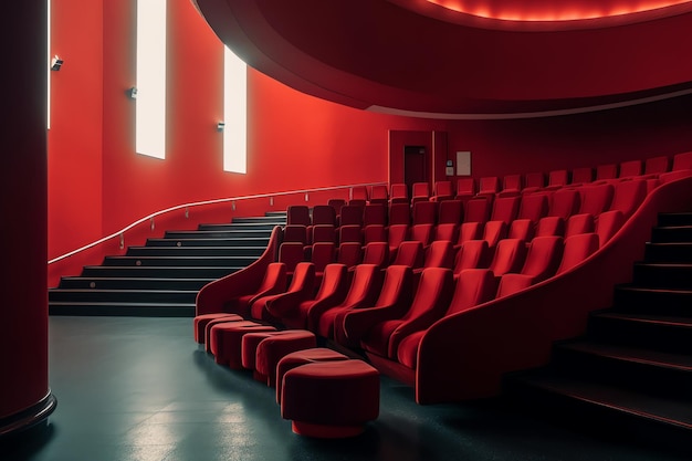 A red auditorium with red seats and a red ceiling.