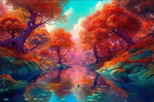 Red autumn forest wallpaper hd in the style of airbrush art Generative AI