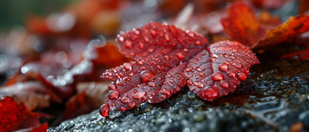 写真 赤い秋の葉と水滴