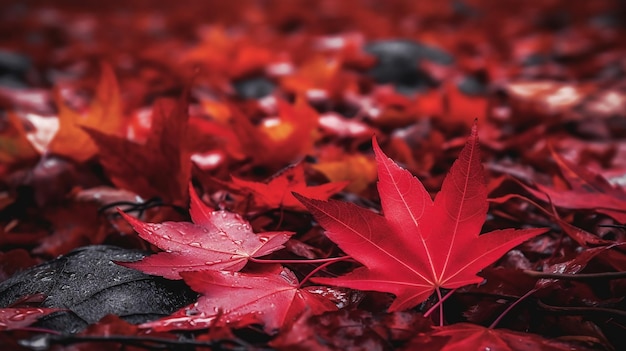 Red autumn maple leaves laying on the forest ground generative ai