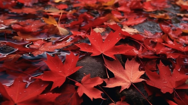 Red autumn maple leaves scattered on the forest floor