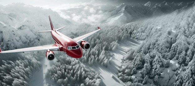 Red aviation airplane luxury private jet on background winter picturesque mountains