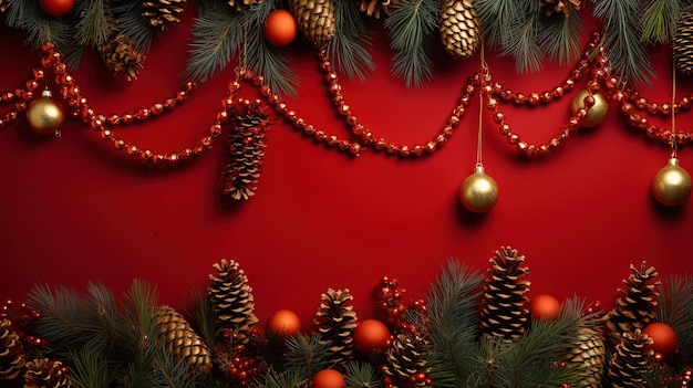 Red background decorated with Christmas fir branches and gold ornaments