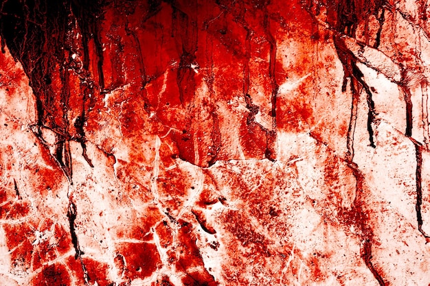 写真 背景の壁の赤い背景の恐ろしい血まみれの汚れた壁は、血の染みや傷でいっぱいです
