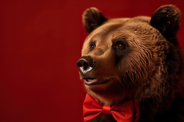 Photo a red background with a bear in a bow tie