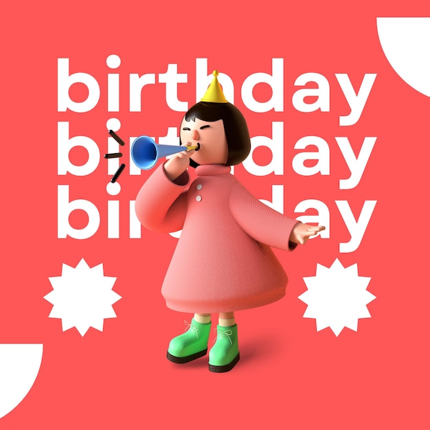 赤い背景に誕生日の女の子がクラクションを吹いています。