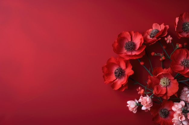 a red background with a bunch of flowers on it