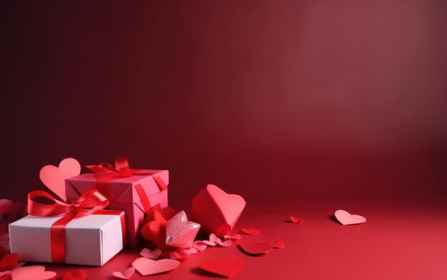 A red background with a bunch of hearts and a box of gifts.