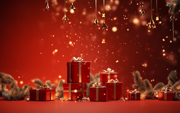 a red background with a bunch of presents and a gold ribbon.