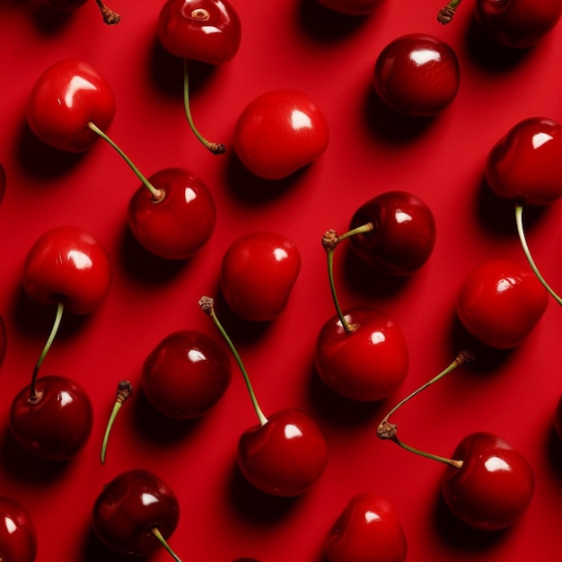 A red background with cherries on it