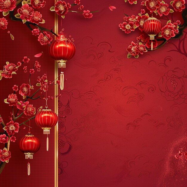 a red background with chinese lanterns and flowers