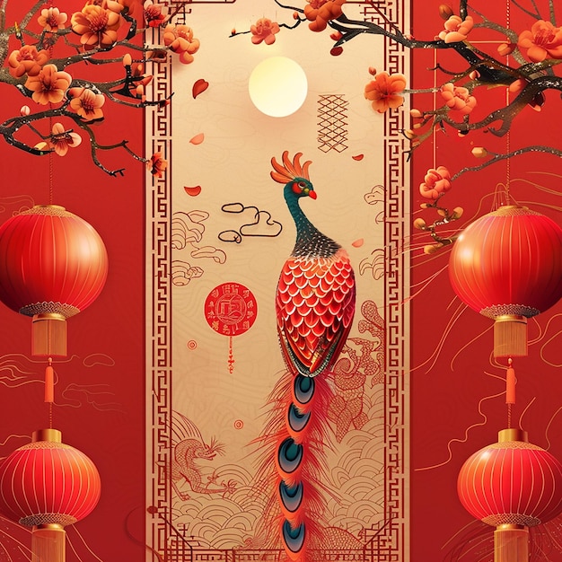 a red background with chinese lanterns and a red background with a bird on it