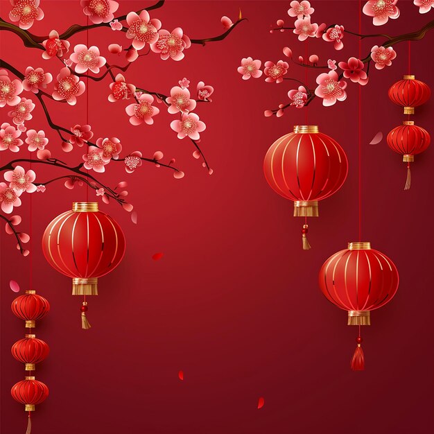 a red background with chinese lanterns and a red background with pink flowers